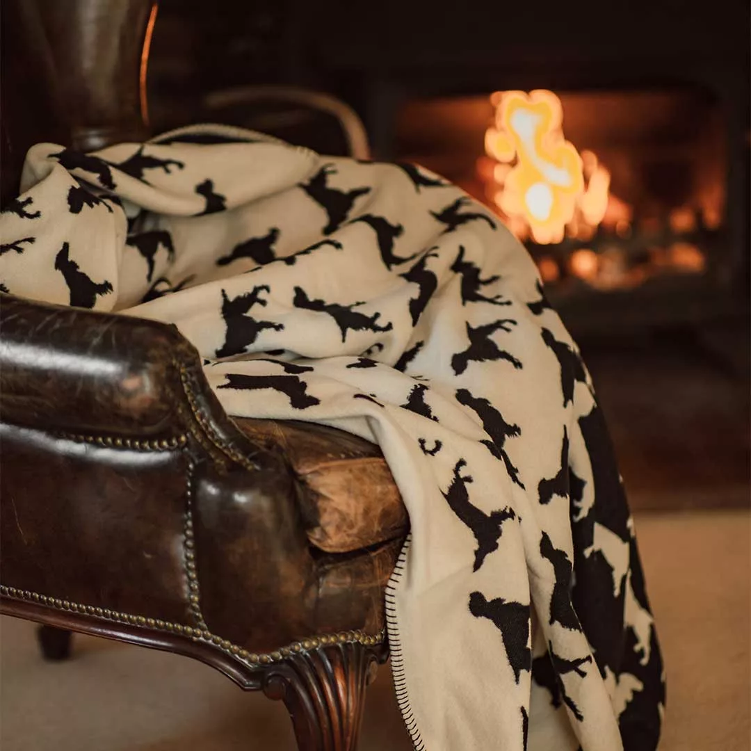 Black and cream Spaniel throw over a leather armchair by the fire